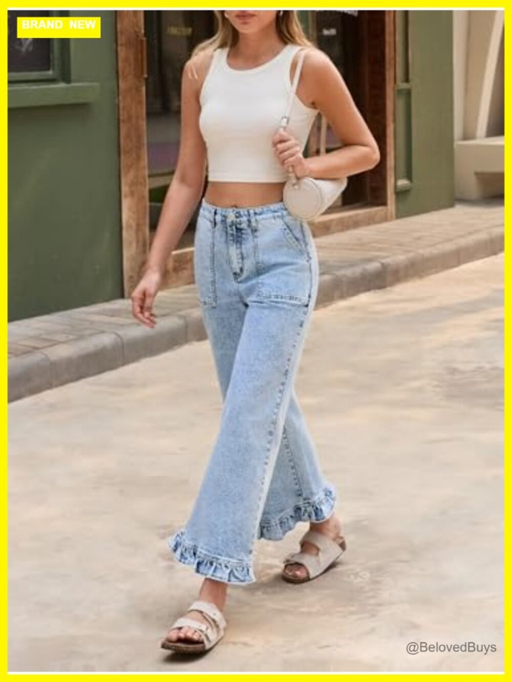 High Waisted Wide Leg Cropped Ruffle Hem Jeans with Pockets - Picture 5 of 7